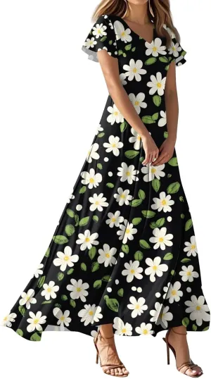 Summer Dresses for Women Flowy Swing Beach Vacation Dress V Neck Loose Maxi Dress Print Casual Short Sleeve Dress