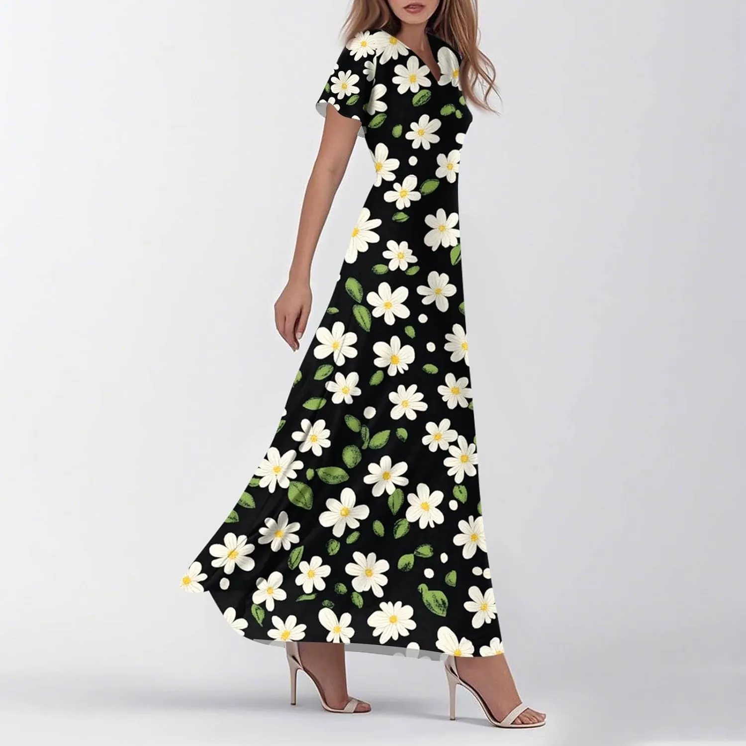 Summer Dresses for Women Flowy Swing Beach Vacation Dress V Neck Loose Maxi Dress Print Casual Short Sleeve Dress