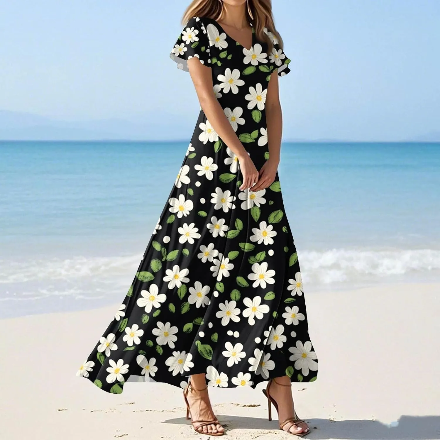 Summer Dresses for Women Flowy Swing Beach Vacation Dress V Neck Loose Maxi Dress Print Casual Short Sleeve Dress