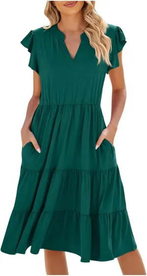 Summer Dresses for Women Ruffle Sleeve Midi Dress Boho V Neck Flowy Tiered Dress Flowy Vacation Sundress with Pockets