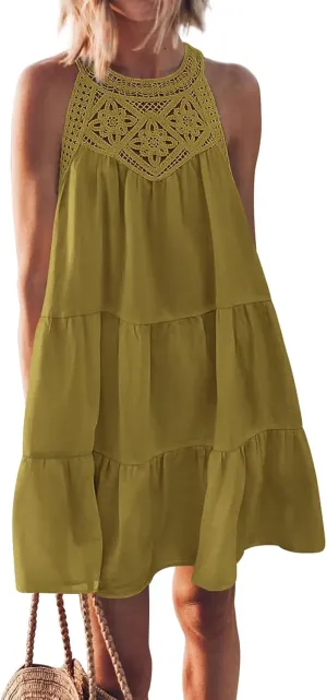 Summer Halter Maxi Dresses for Women Tiered Swing Cotton Linen Sundress Sleeveless A-Line Beach Vacation Sundress