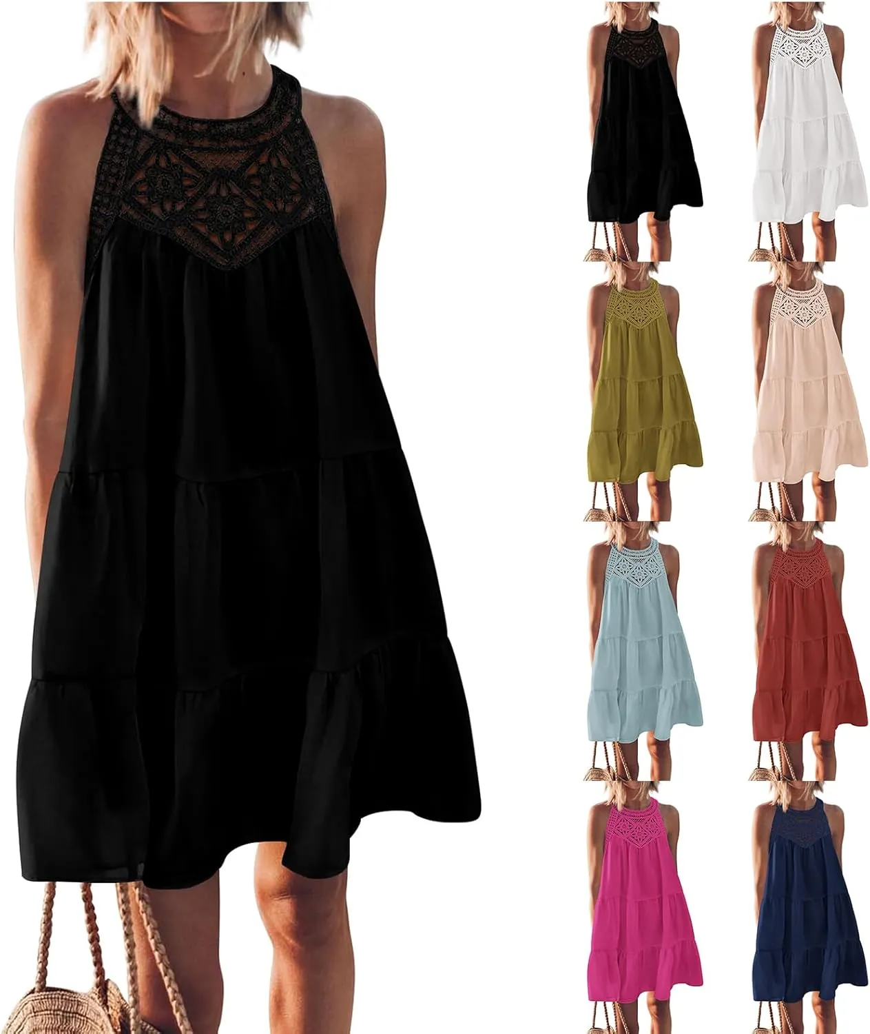 Summer Halter Maxi Dresses for Women Tiered Swing Cotton Linen Sundress Sleeveless A-Line Beach Vacation Sundress