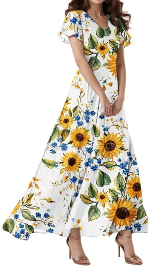 Summer Maxi Dresses for Womem 2025 V Neck Boho Flowy Butterfly Sleeve Sundress High Waist Beach Vacation Dress