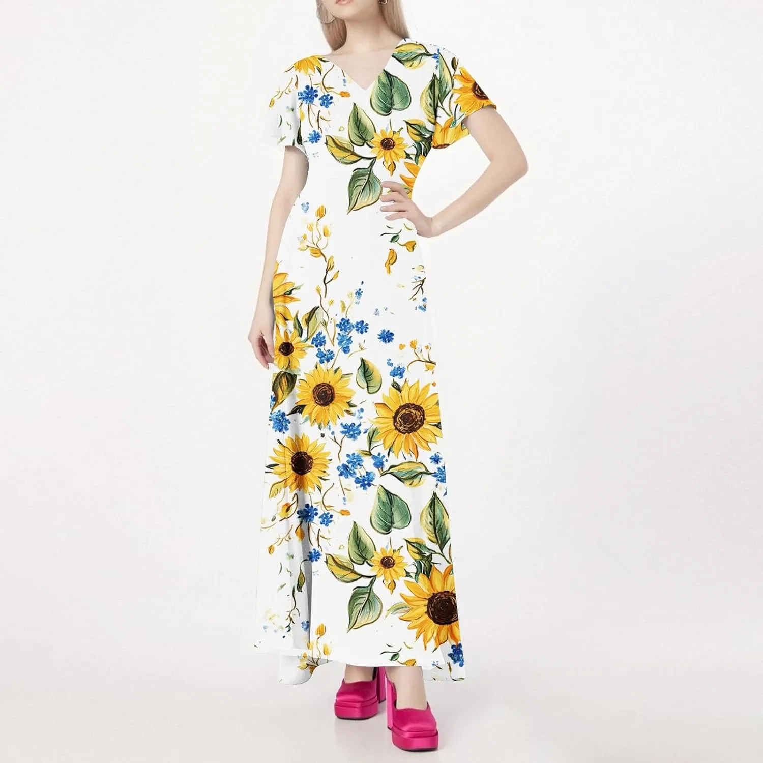 Summer Maxi Dresses for Womem 2025 V Neck Boho Flowy Butterfly Sleeve Sundress High Waist Beach Vacation Dress