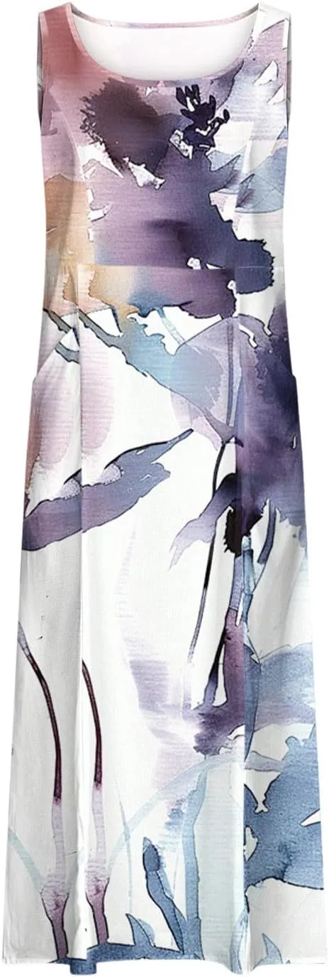 Summer Maxi Dresses for Women 2025 Casual Cotton Linen Floral Dress Spring Plus Size Elegante Beach Dress with Pockets
