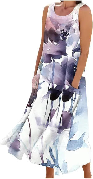 Summer Maxi Dresses for Women 2025 Casual Cotton Linen Floral Dress Spring Plus Size Elegante Beach Dress with Pockets