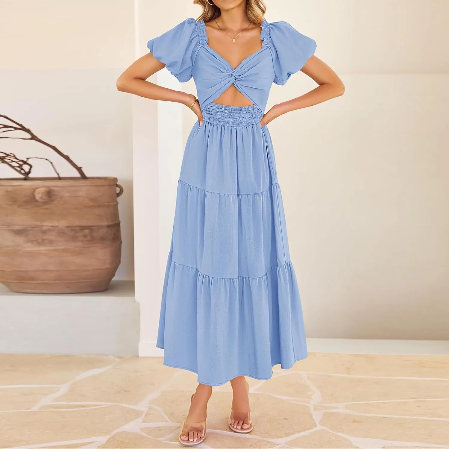Summer Maxi Smocked Dresses for Women 2025 Vacation Short Puff Sleeve V Neck Long Flowy Tiered Cut Out Knot A Line Dress