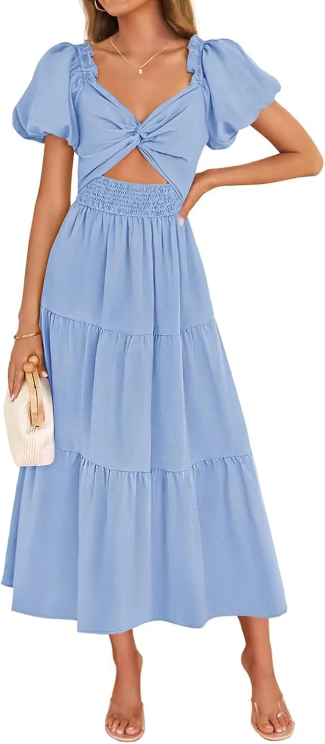 Summer Maxi Smocked Dresses for Women 2025 Vacation Short Puff Sleeve V Neck Long Flowy Tiered Cut Out Knot A Line Dress