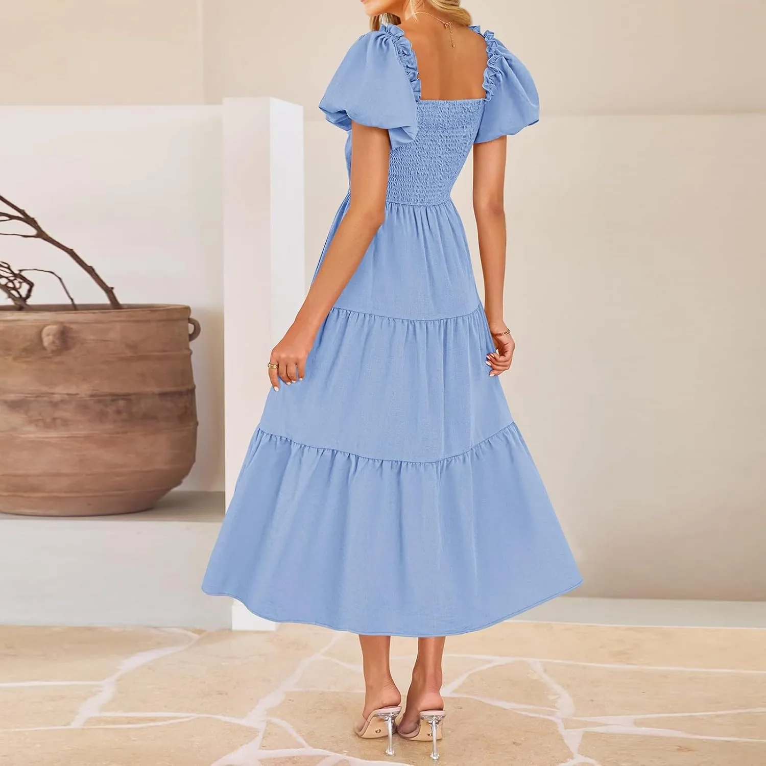 Summer Maxi Smocked Dresses for Women 2025 Vacation Short Puff Sleeve V Neck Long Flowy Tiered Cut Out Knot A Line Dress