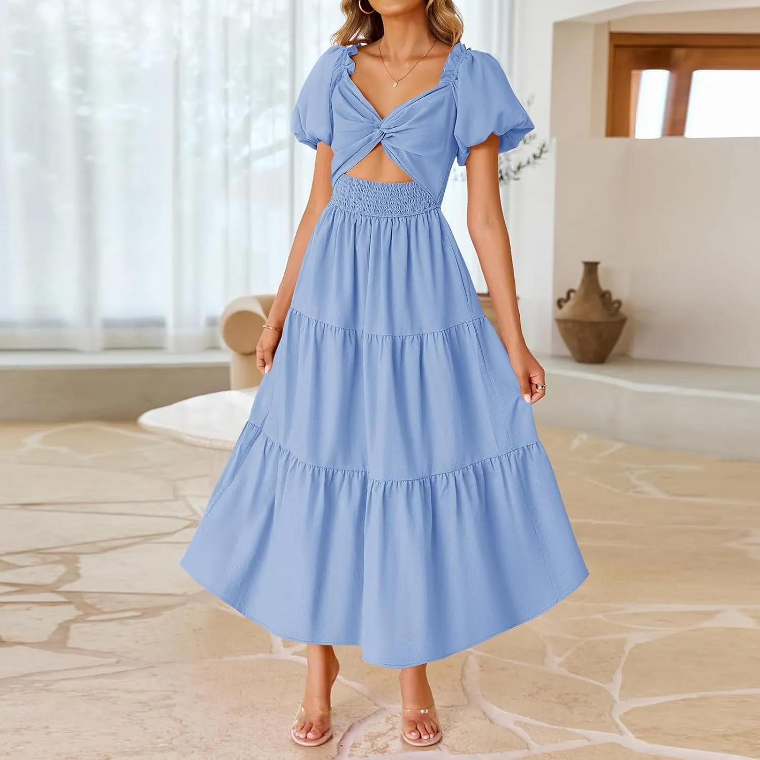 Summer Maxi Smocked Dresses for Women 2025 Vacation Short Puff Sleeve V Neck Long Flowy Tiered Cut Out Knot A Line Dress