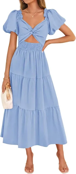 Summer Maxi Smocked Dresses for Women 2025 Vacation Short Puff Sleeve V Neck Long Flowy Tiered Cut Out Knot A Line Dress