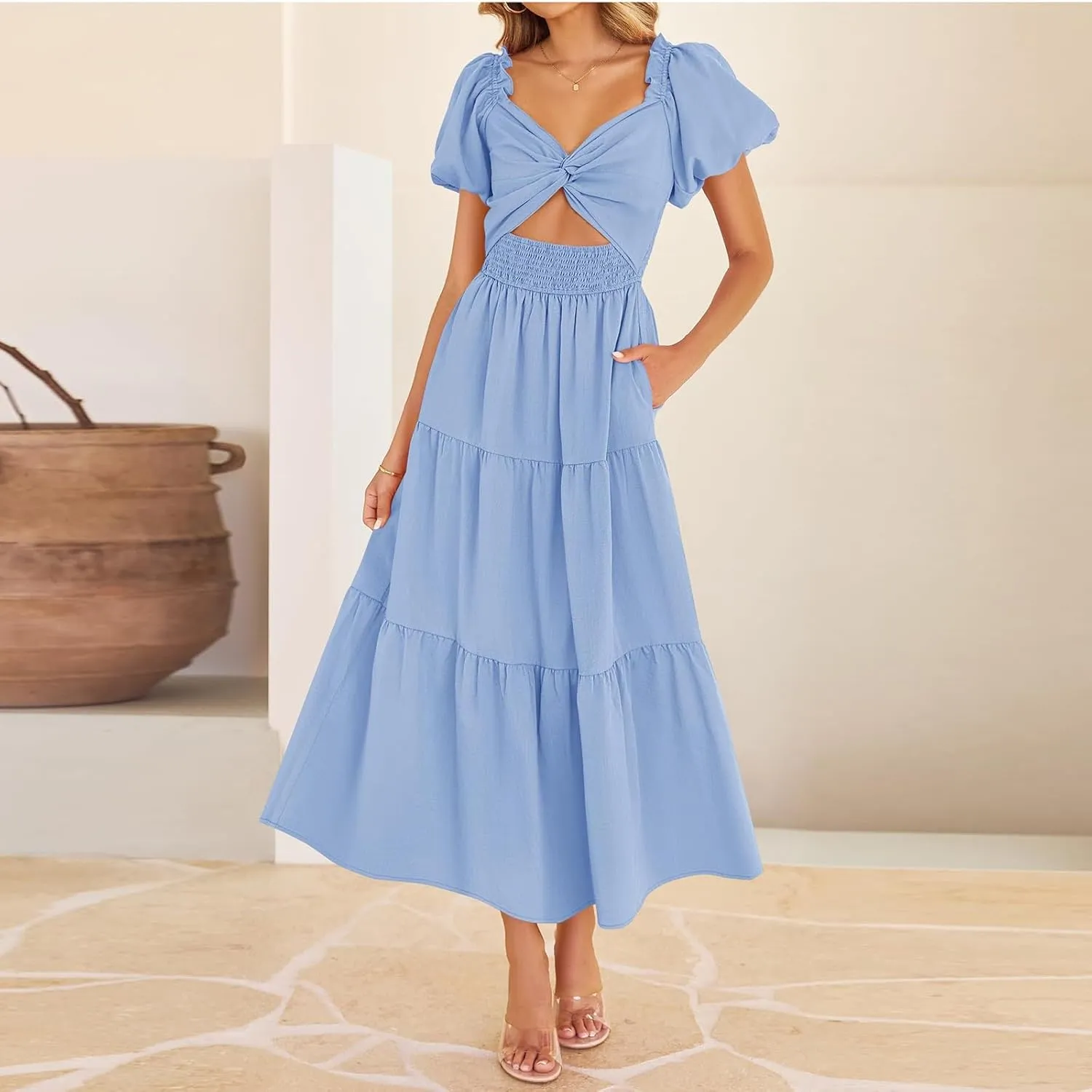 Summer Maxi Smocked Dresses for Women 2025 Vacation Short Puff Sleeve V Neck Long Flowy Tiered Cut Out Knot A Line Dress