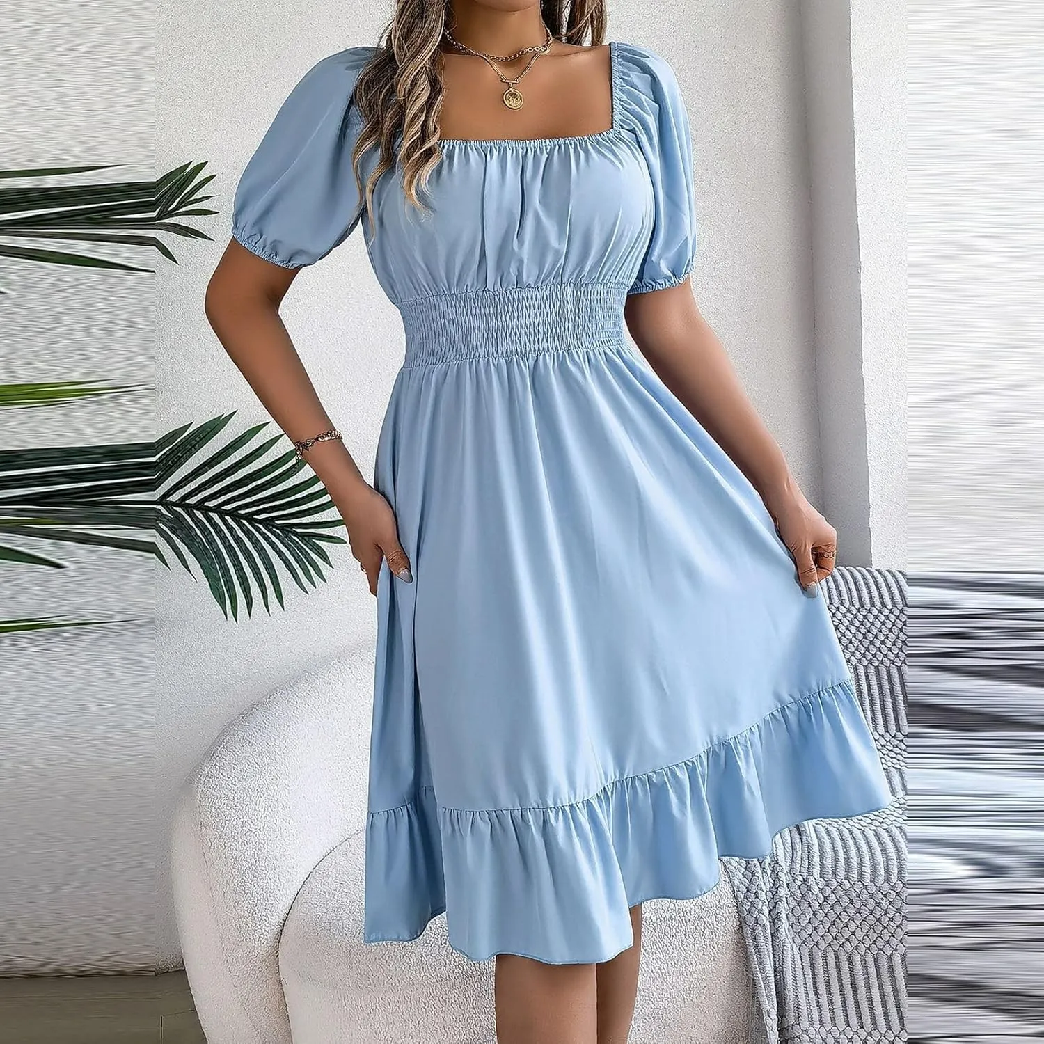 Summer Midi Dresses for Women Square Neck Short Sleeve Waist Ruffled A Line Skirt Dress Party Dresses for Women 2024