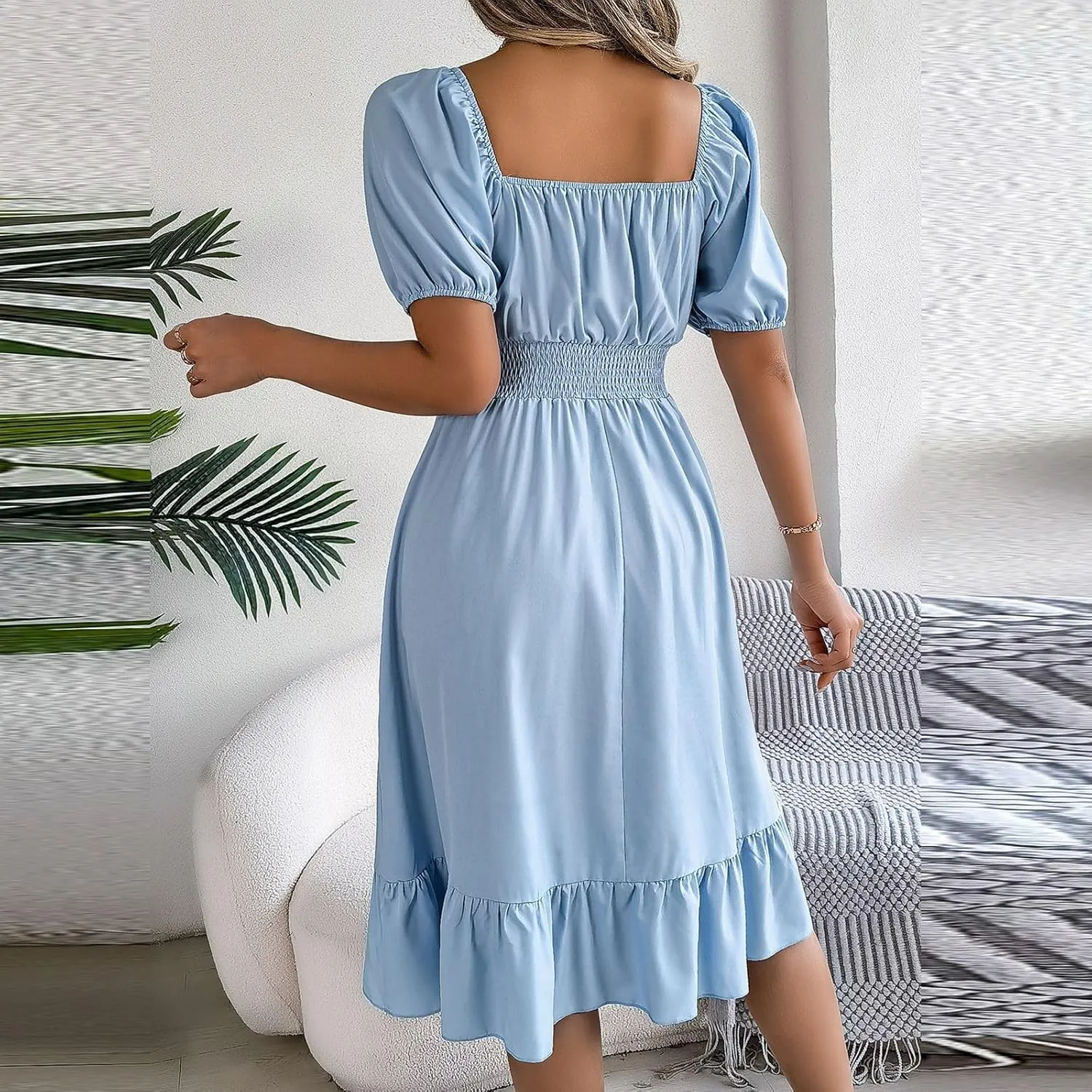 Summer Midi Dresses for Women Square Neck Short Sleeve Waist Ruffled A Line Skirt Dress Party Dresses for Women 2024