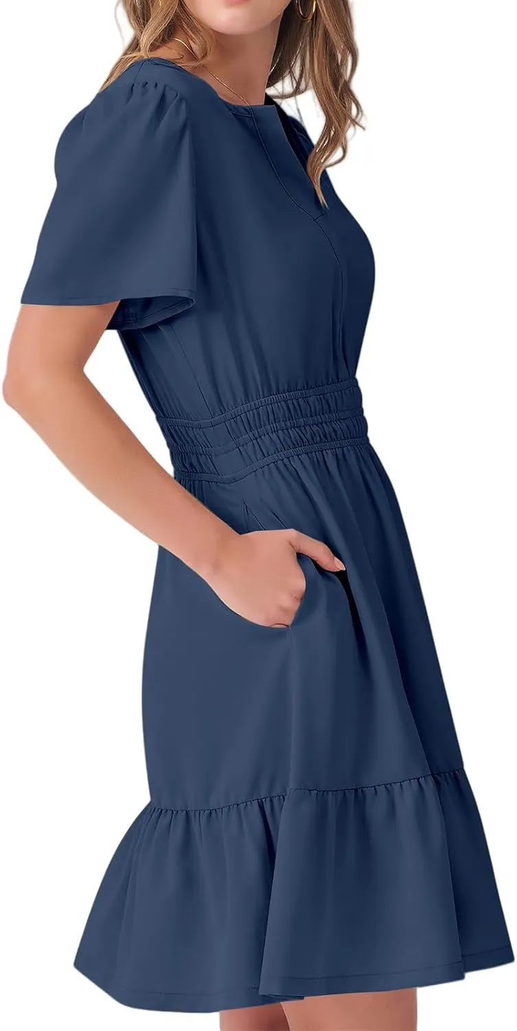 Summer Mini Dresses for Women Casual V Neck Short Sleeve Dress Loose Fit Tunic Tiered Ruffle Hem A-Line Sundress