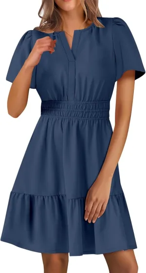 Summer Mini Dresses for Women Casual V Neck Short Sleeve Dress Loose Fit Tunic Tiered Ruffle Hem A-Line Sundress