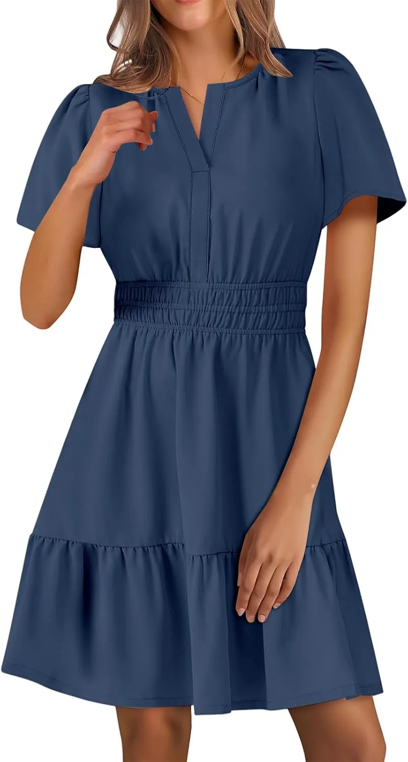 Summer Mini Dresses for Women Casual V Neck Short Sleeve Dress Loose Fit Tunic Tiered Ruffle Hem A-Line Sundress