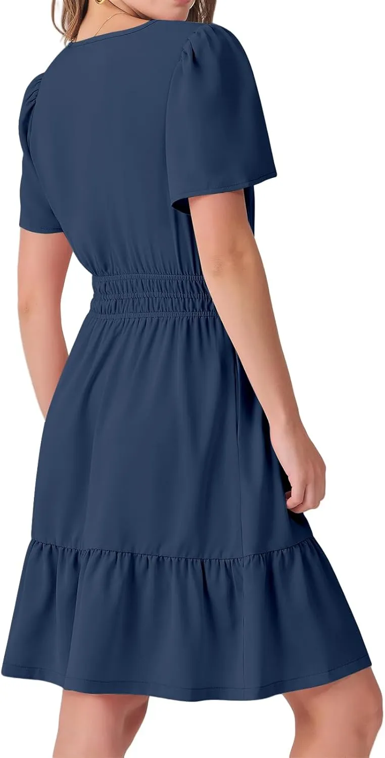 Summer Mini Dresses for Women Casual V Neck Short Sleeve Dress Loose Fit Tunic Tiered Ruffle Hem A-Line Sundress