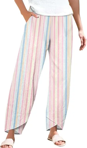 Summer Pants for Women Boho Floral Print Cotton Linen Pants Elastic Waisted Drawstring Summer Beach Baggy Trousers