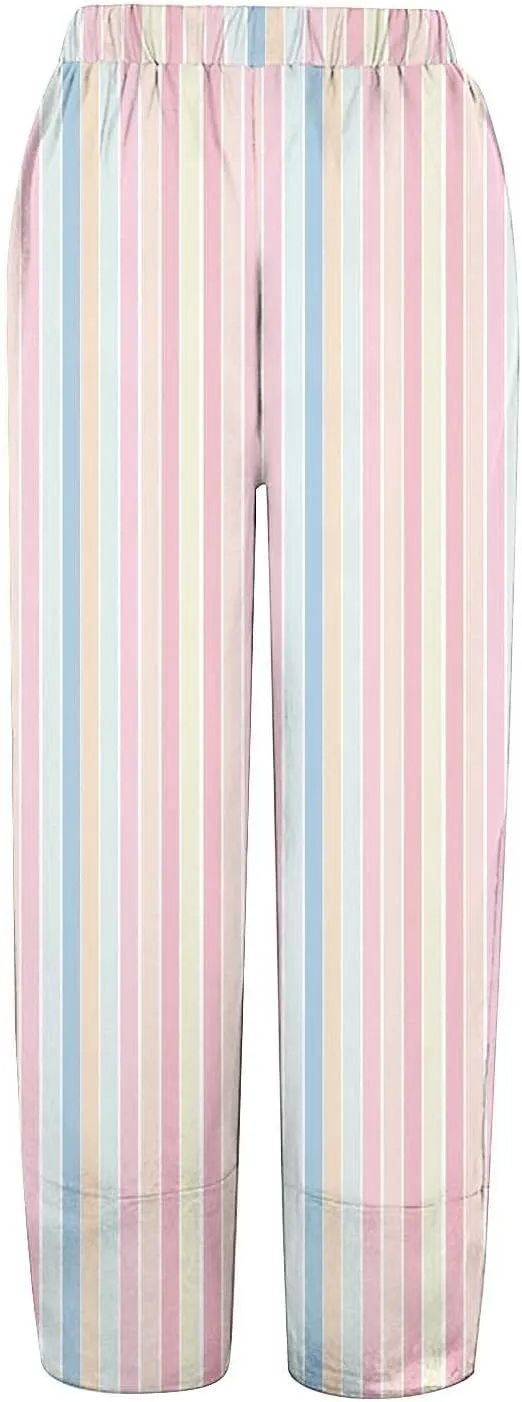 Summer Pants for Women Boho Floral Print Cotton Linen Pants Elastic Waisted Drawstring Summer Beach Baggy Trousers