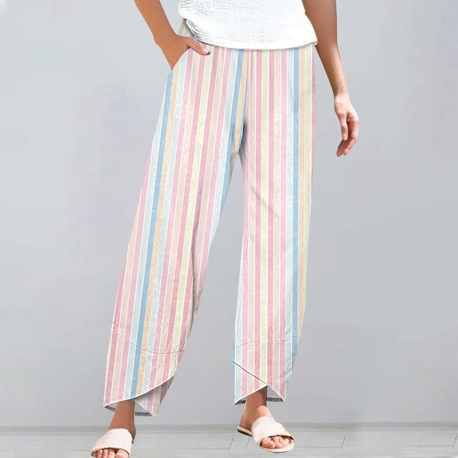 Summer Pants for Women Boho Floral Print Cotton Linen Pants Elastic Waisted Drawstring Summer Beach Baggy Trousers