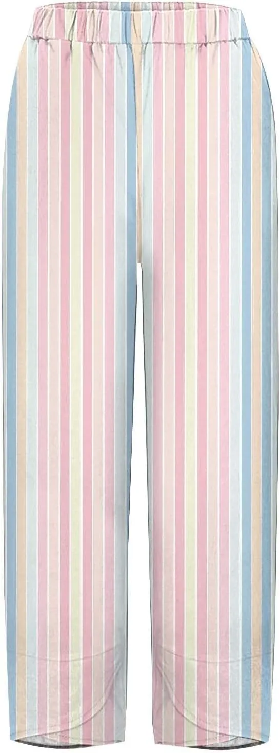 Summer Pants for Women Boho Floral Print Cotton Linen Pants Elastic Waisted Drawstring Summer Beach Baggy Trousers