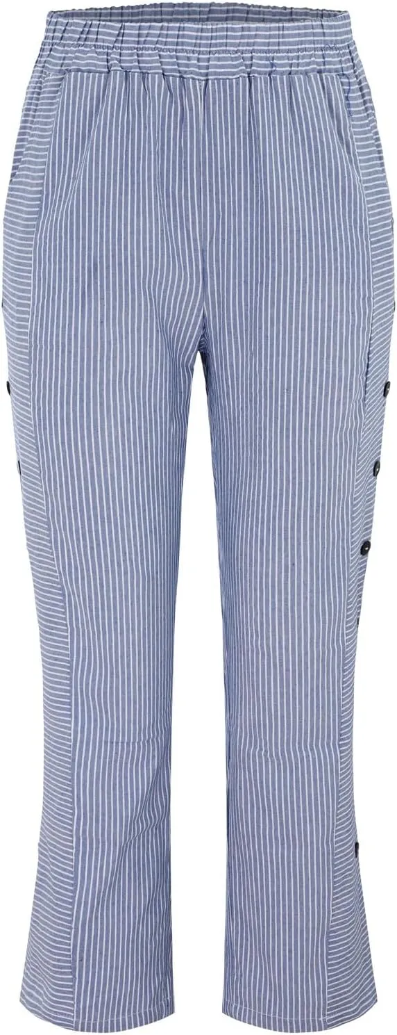 Summer Pants for Women Striped Printed Side Button Pants Baggy Elastic Waist Straight Leg Trousers with Pocket