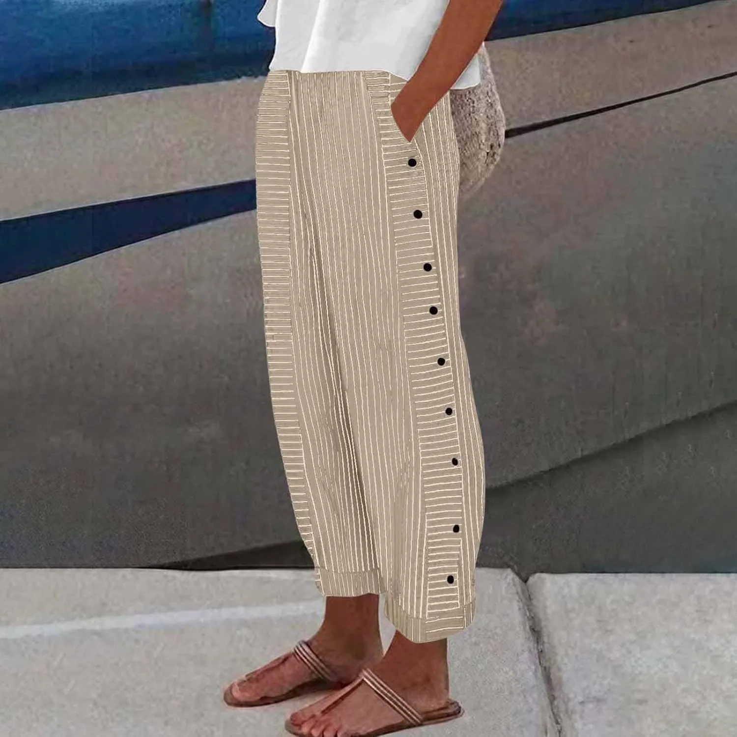 Summer Pants for Women Striped Printed Side Button Pants Baggy Elastic Waist Straight Leg Trousers with Pocket