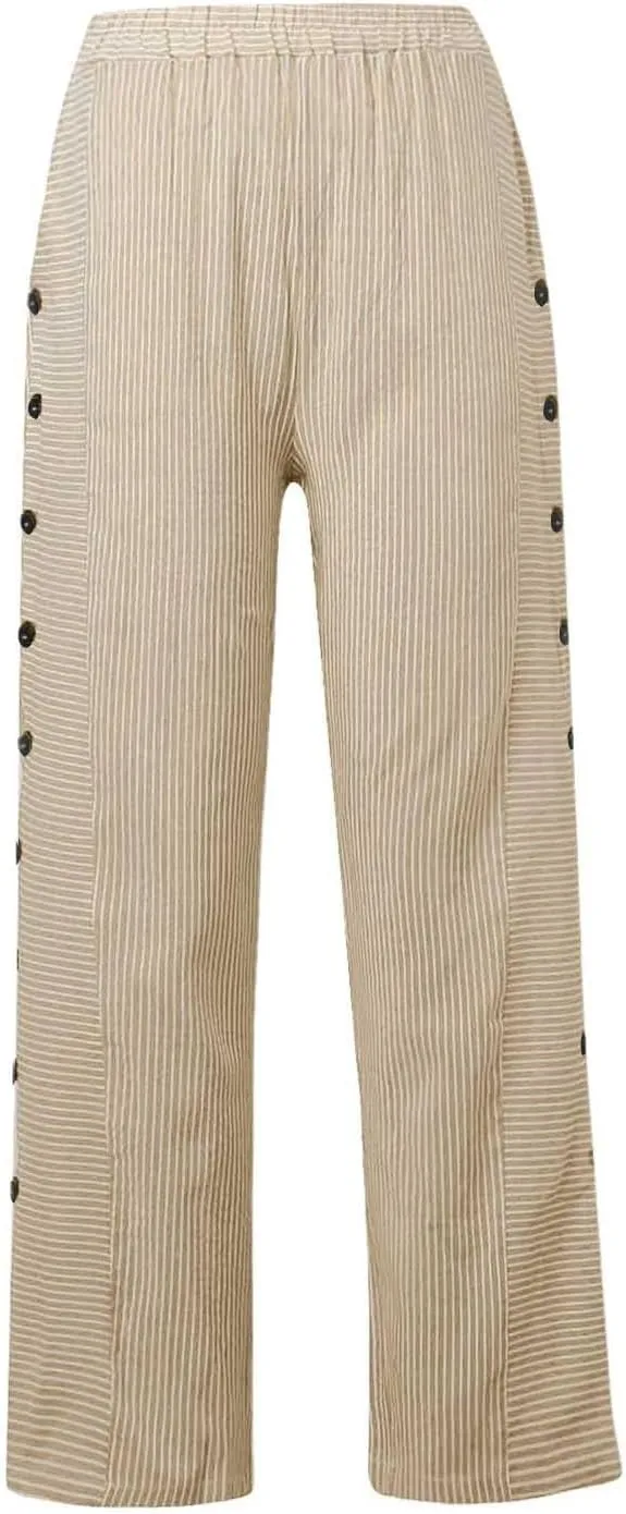 Summer Pants for Women Striped Printed Side Button Pants Baggy Elastic Waist Straight Leg Trousers with Pocket