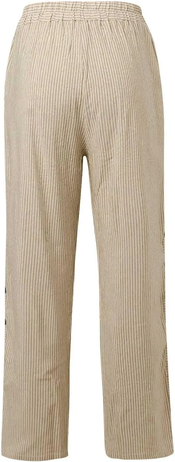 Summer Pants for Women Striped Printed Side Button Pants Baggy Elastic Waist Straight Leg Trousers with Pocket