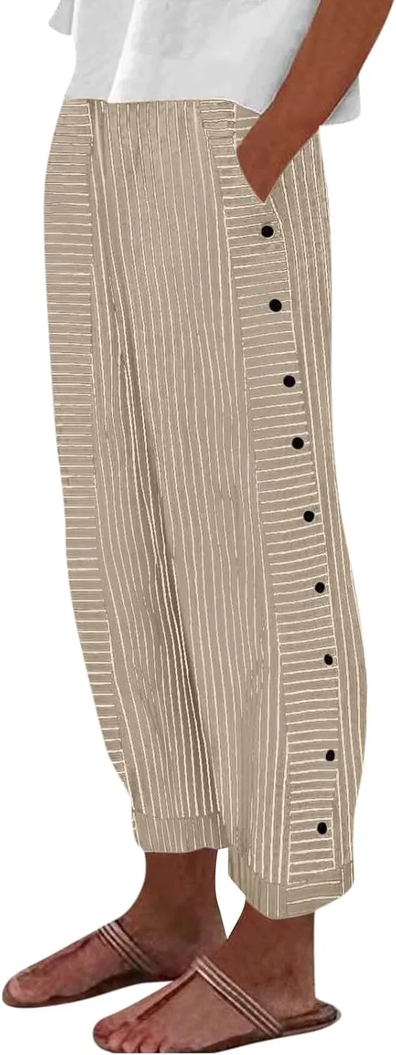 Summer Pants for Women Striped Printed Side Button Pants Baggy Elastic Waist Straight Leg Trousers with Pocket