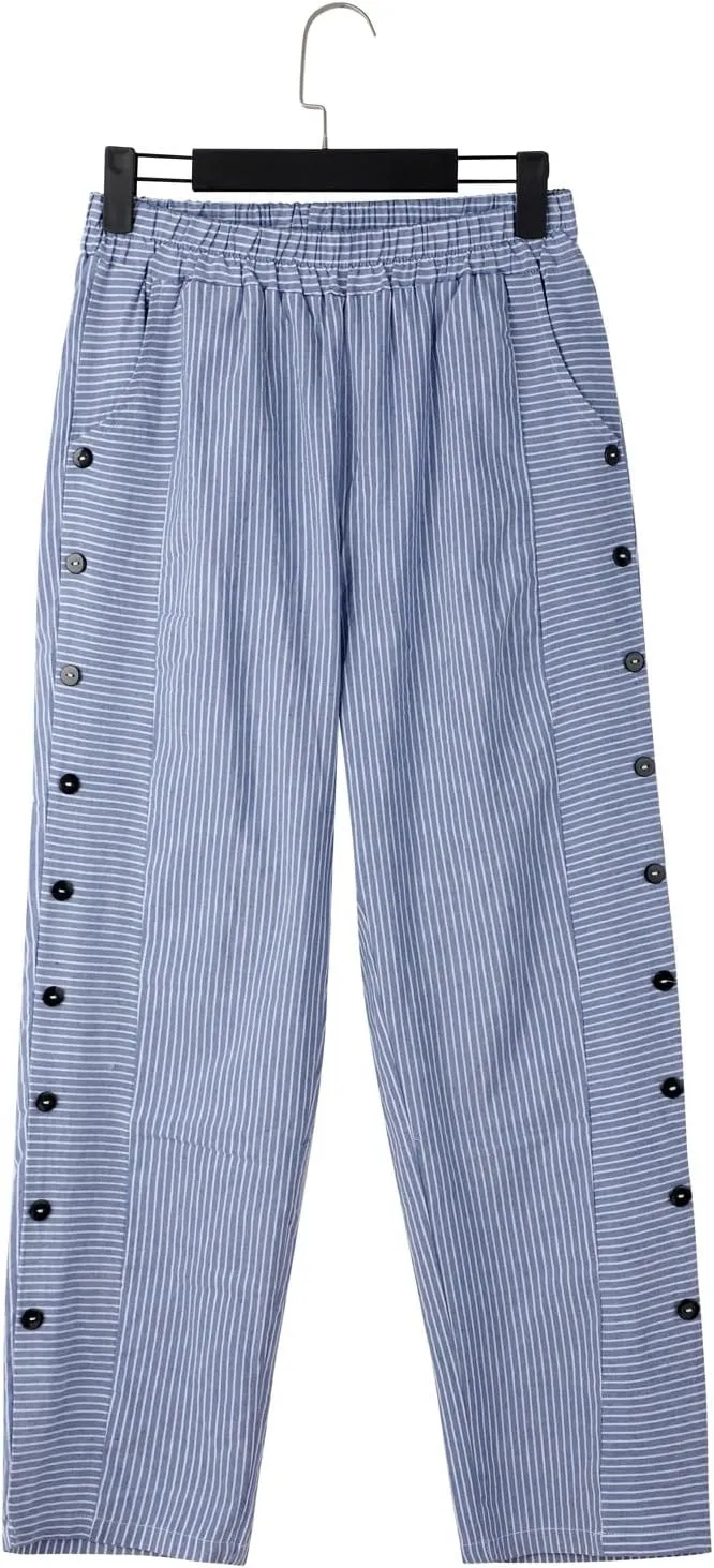 Summer Pants for Women Striped Printed Side Button Pants Baggy Elastic Waist Straight Leg Trousers with Pocket