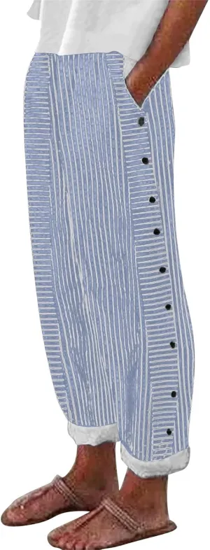 Summer Pants for Women Striped Printed Side Button Pants Baggy Elastic Waist Straight Leg Trousers with Pocket