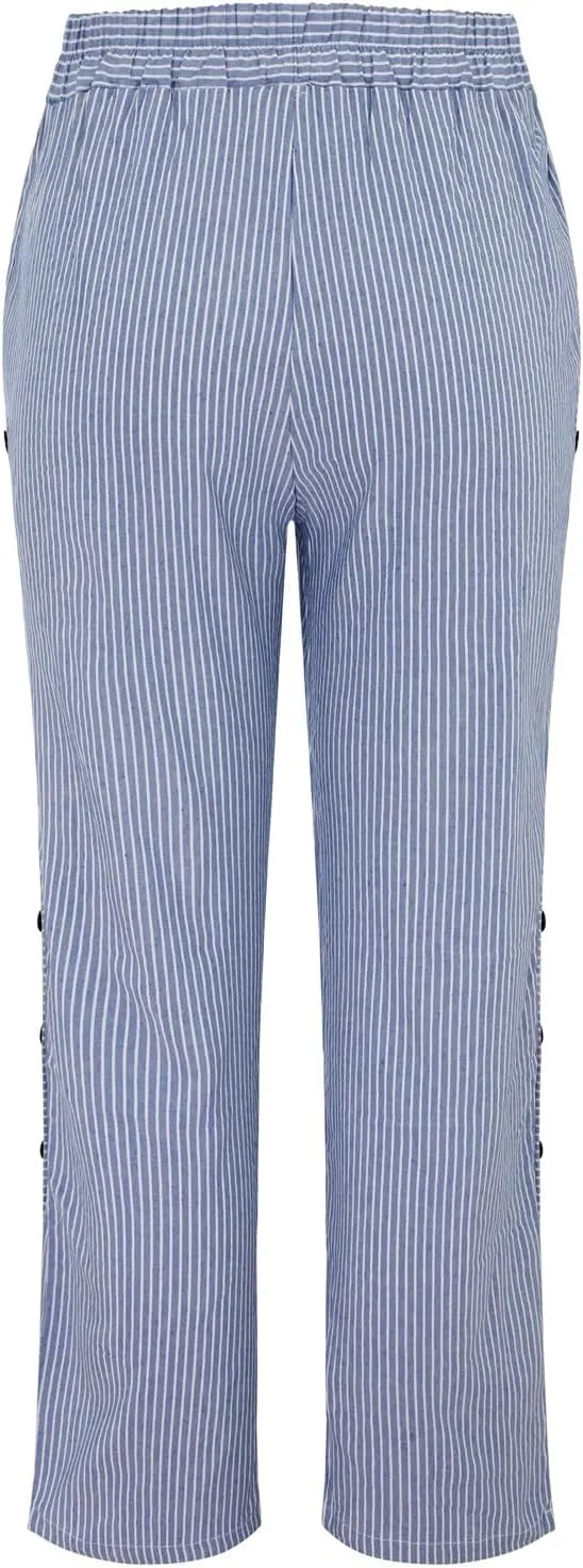 Summer Pants for Women Striped Printed Side Button Pants Baggy Elastic Waist Straight Leg Trousers with Pocket