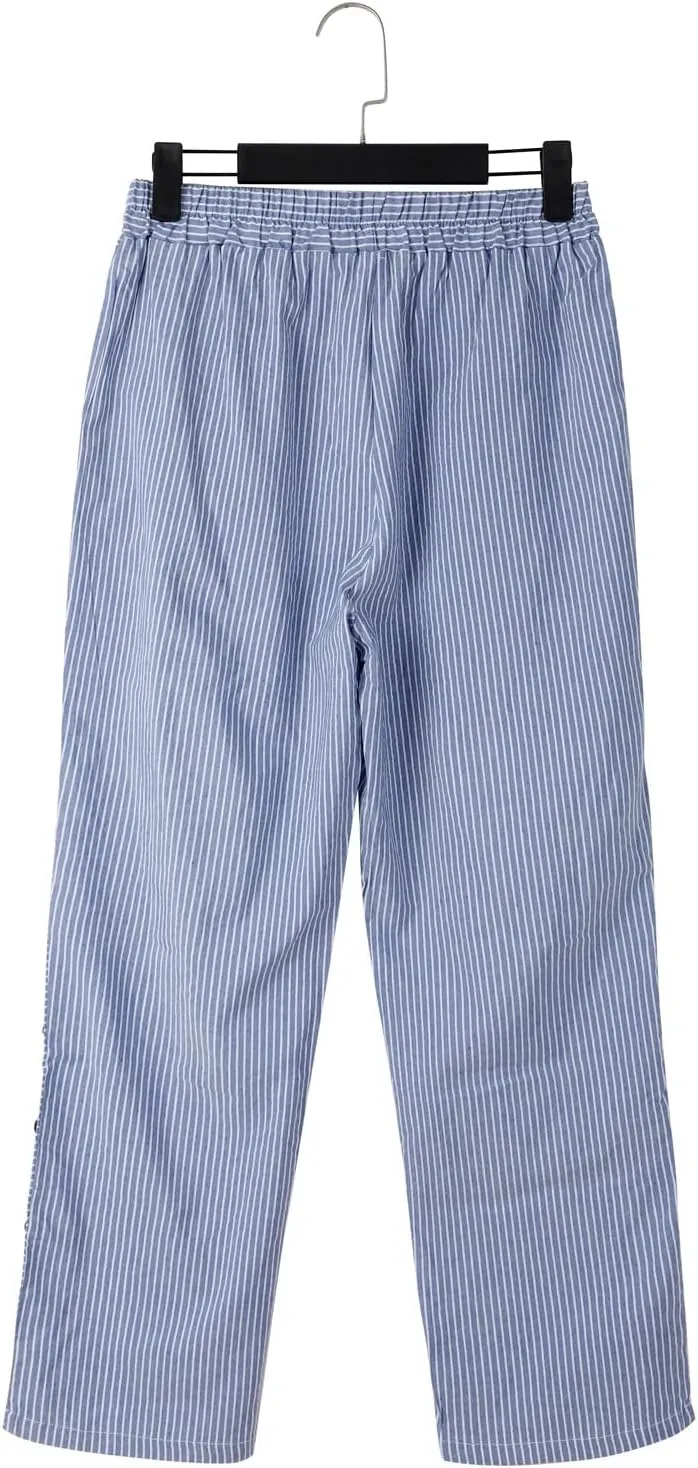 Summer Pants for Women Striped Printed Side Button Pants Baggy Elastic Waist Straight Leg Trousers with Pocket