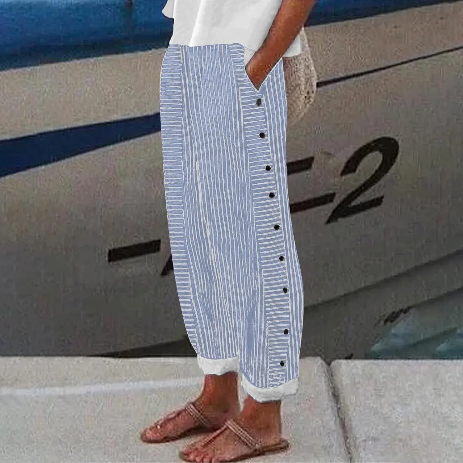 Summer Pants for Women Striped Printed Side Button Pants Baggy Elastic Waist Straight Leg Trousers with Pocket