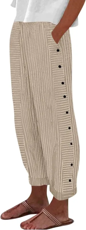 Summer Pants for Women Striped Printed Side Button Pants Baggy Elastic Waist Straight Leg Trousers with Pocket