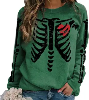 Sumtory Women Halloween Theme Skeleton Print Long Sleeve Sweatshirt Tops