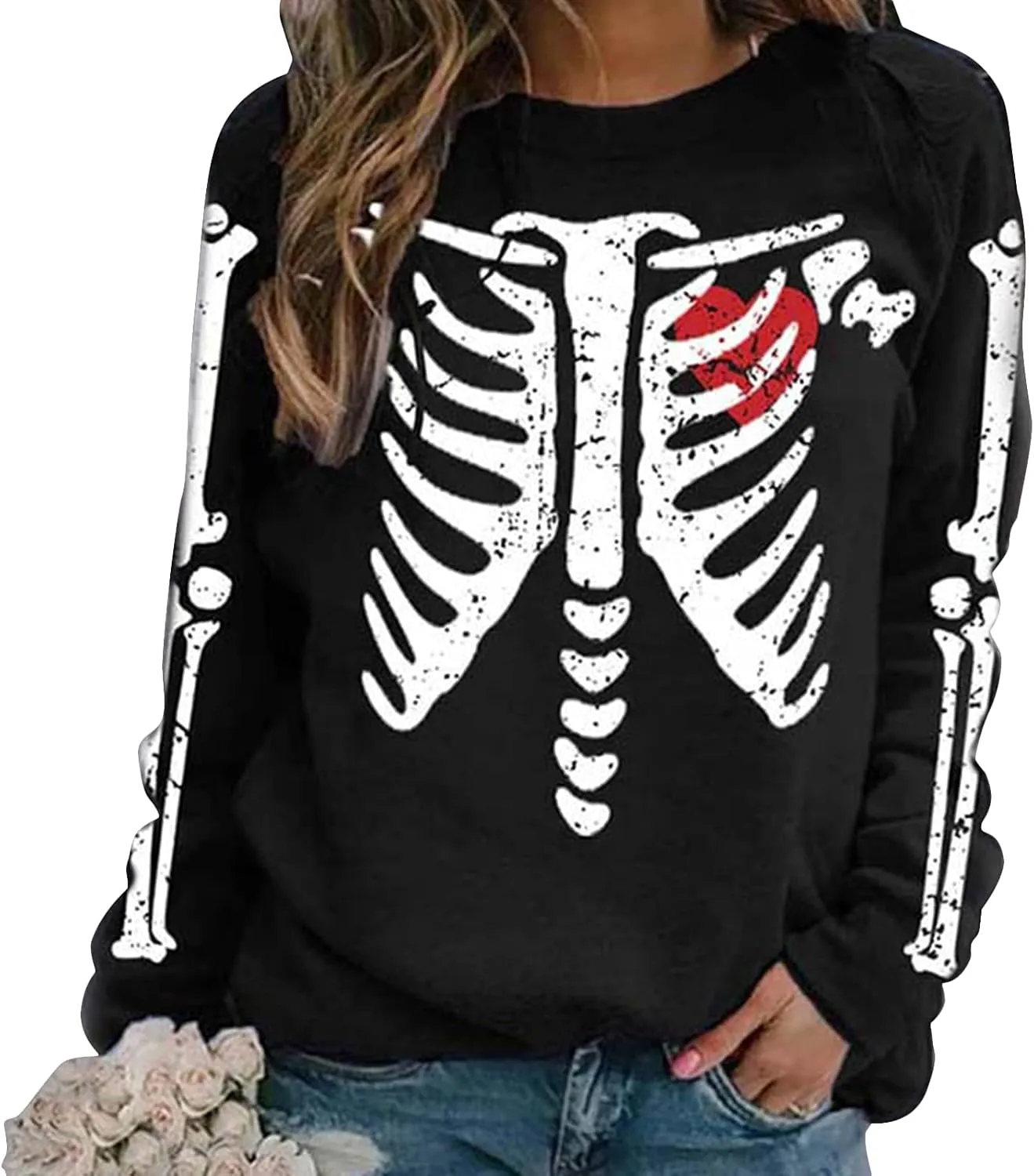 Sumtory Women Halloween Theme Skeleton Print Long Sleeve Sweatshirt Tops
