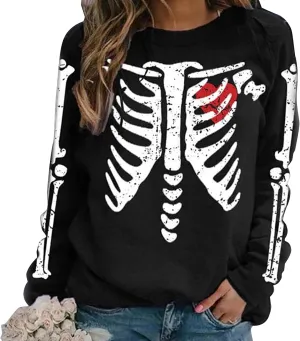 Sumtory Women Halloween Theme Skeleton Print Long Sleeve Sweatshirt Tops