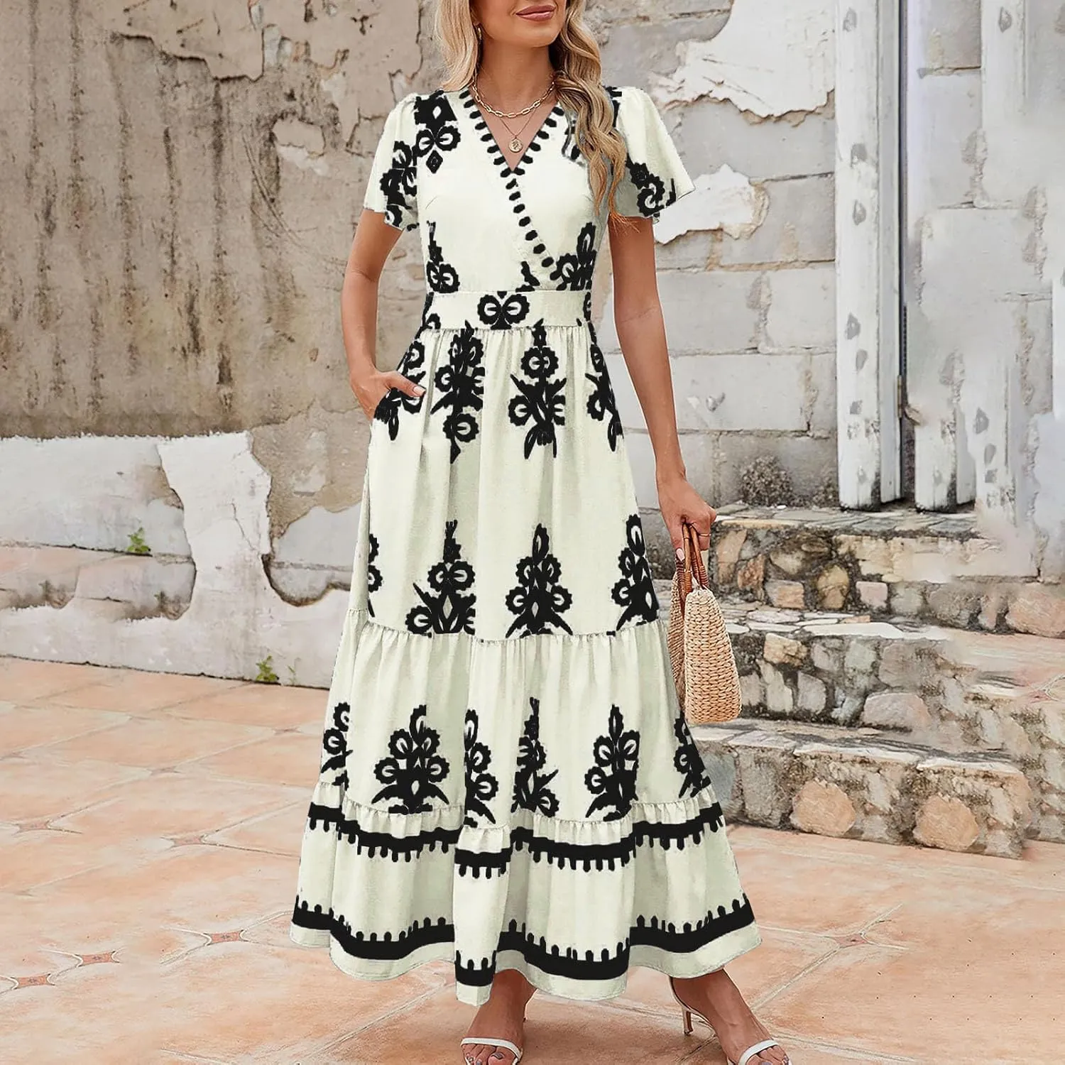 Sundresses for Women 2025 Casual Short Sleeve V-Neck Tiered Pleated Maxi Dresses Flowy Swing Floral Summer Dress