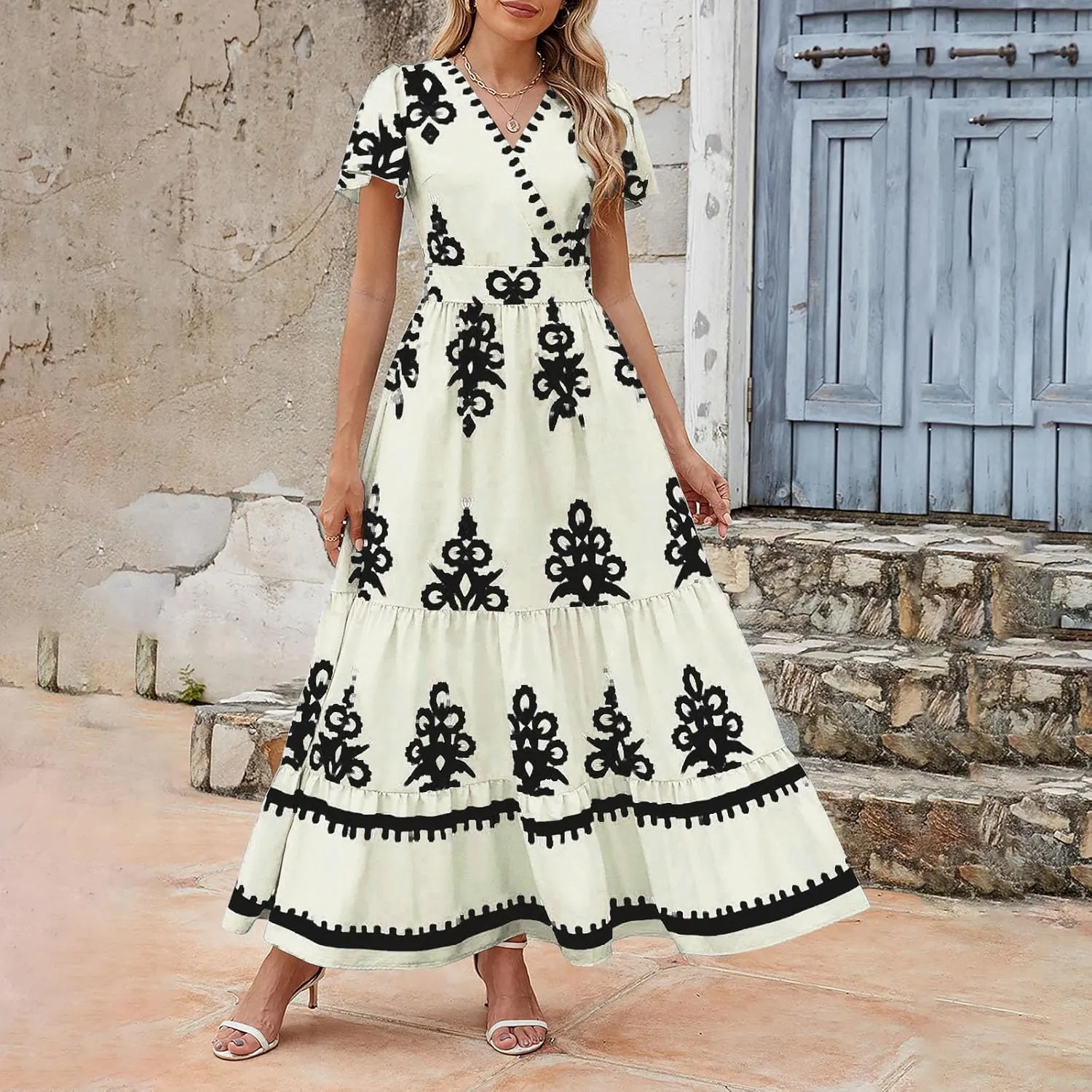 Sundresses for Women 2025 Casual Short Sleeve V-Neck Tiered Pleated Maxi Dresses Flowy Swing Floral Summer Dress