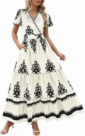 Sundresses for Women 2025 Casual Short Sleeve V-Neck Tiered Pleated Maxi Dresses Flowy Swing Floral Summer Dress