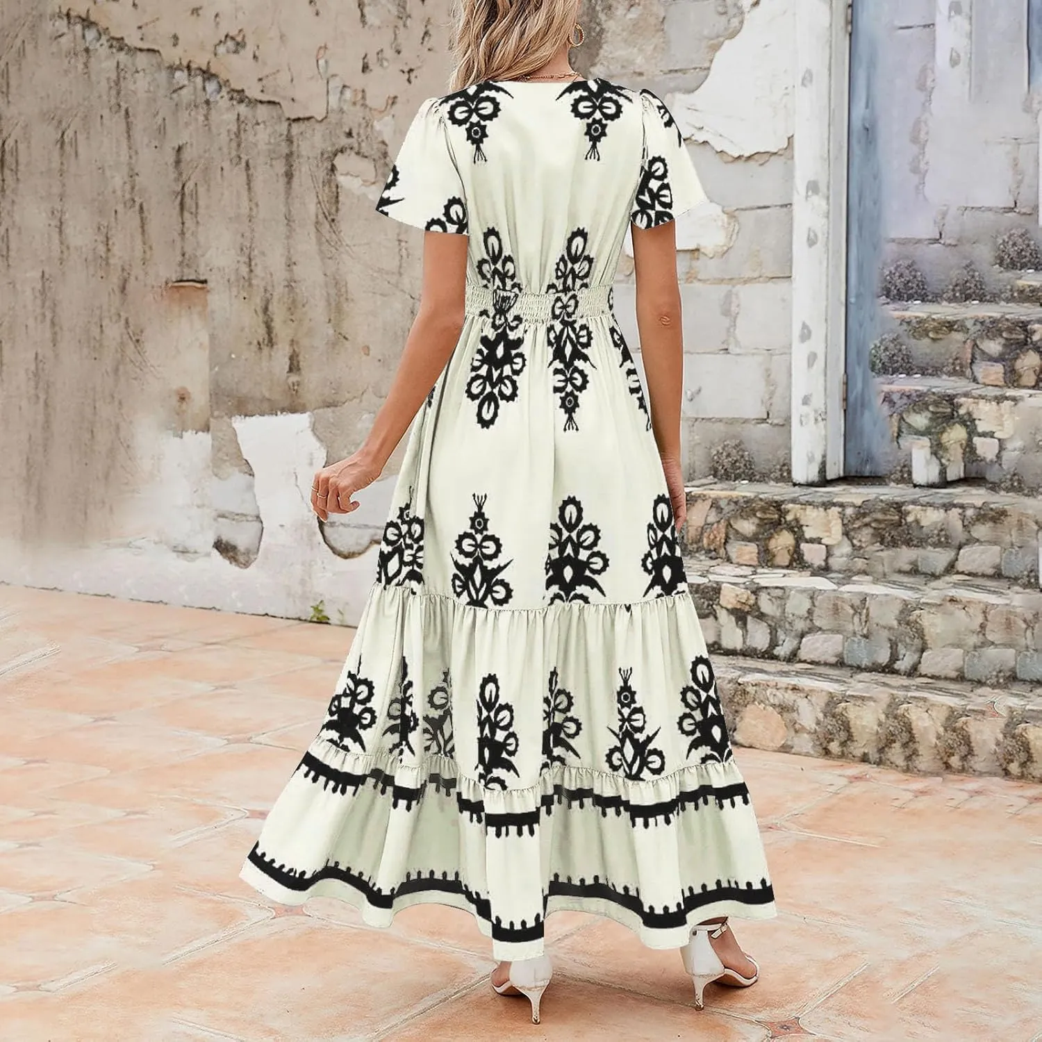 Sundresses for Women 2025 Casual Short Sleeve V-Neck Tiered Pleated Maxi Dresses Flowy Swing Floral Summer Dress