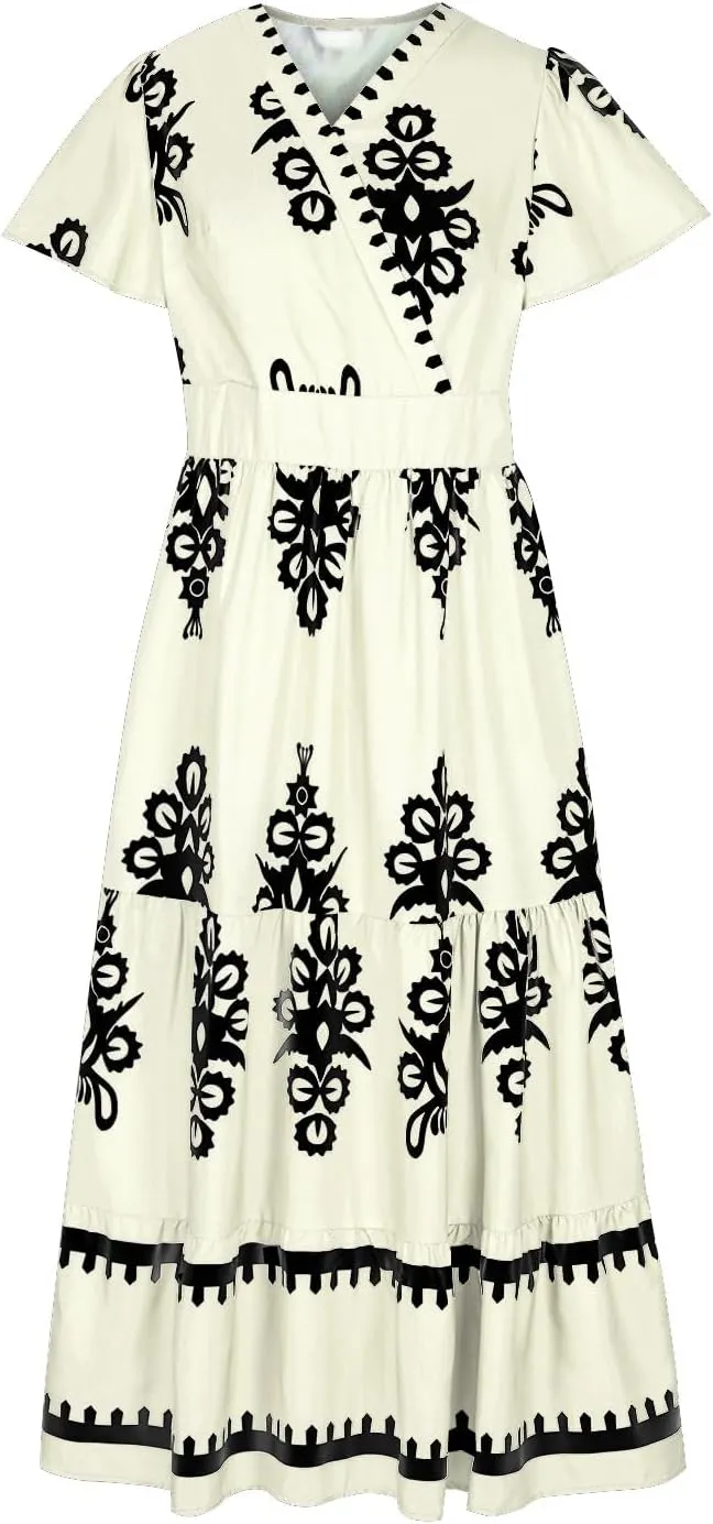 Sundresses for Women 2025 Casual Short Sleeve V-Neck Tiered Pleated Maxi Dresses Flowy Swing Floral Summer Dress