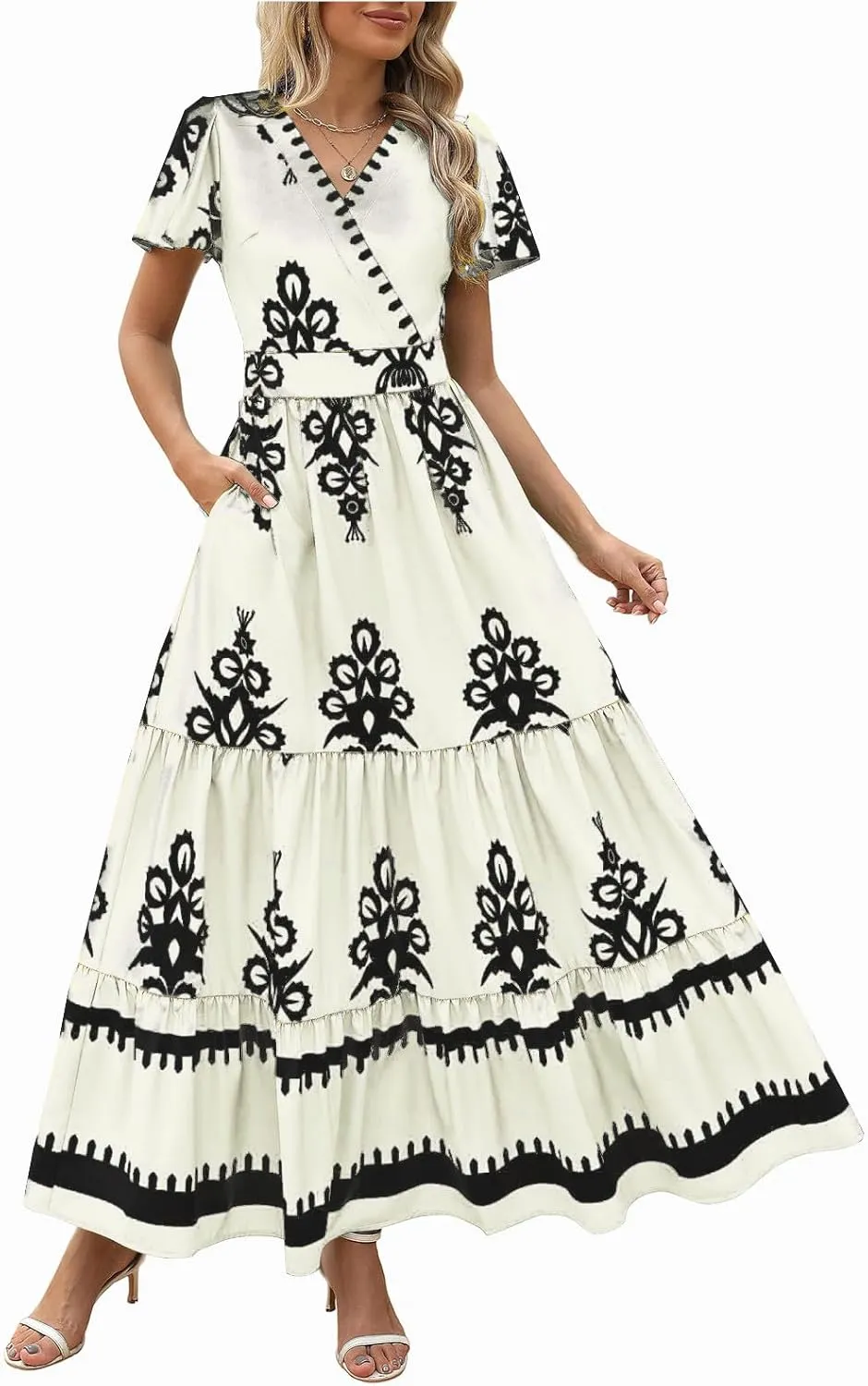 Sundresses for Women 2025 Casual Short Sleeve V-Neck Tiered Pleated Maxi Dresses Flowy Swing Floral Summer Dress