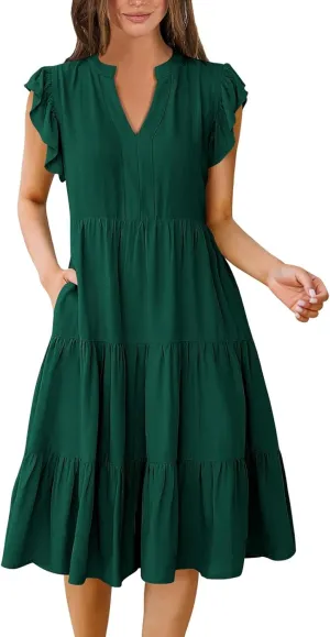 Sundresses for Women 2025 Summer Ruffle Sleeve V Neck Midi Dresses Casual Loose Fit Flowy Tiered Boho Beach Dress