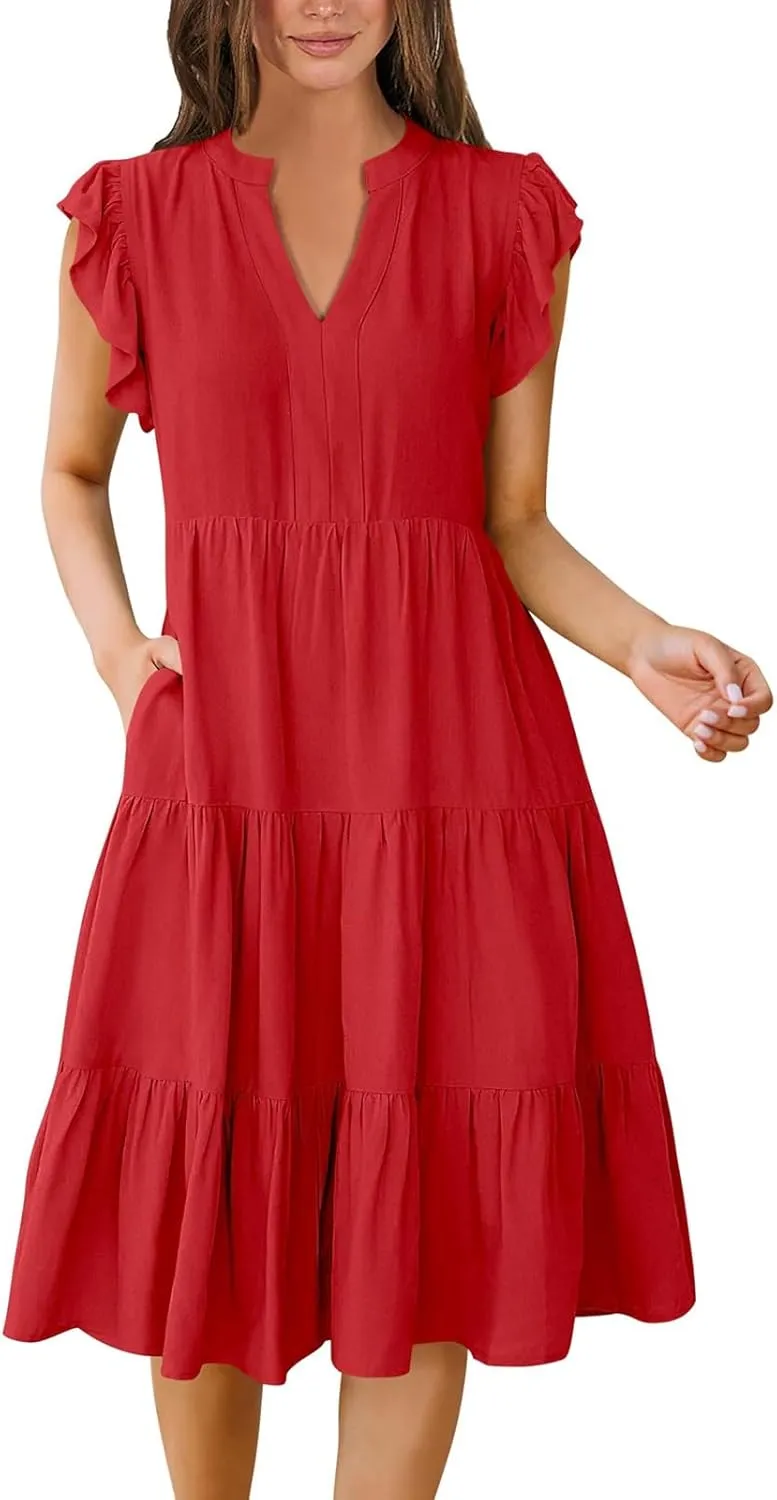 Sundresses for Women 2025 Summer Ruffle Sleeve V Neck Midi Dresses Casual Loose Fit Flowy Tiered Boho Beach Dress