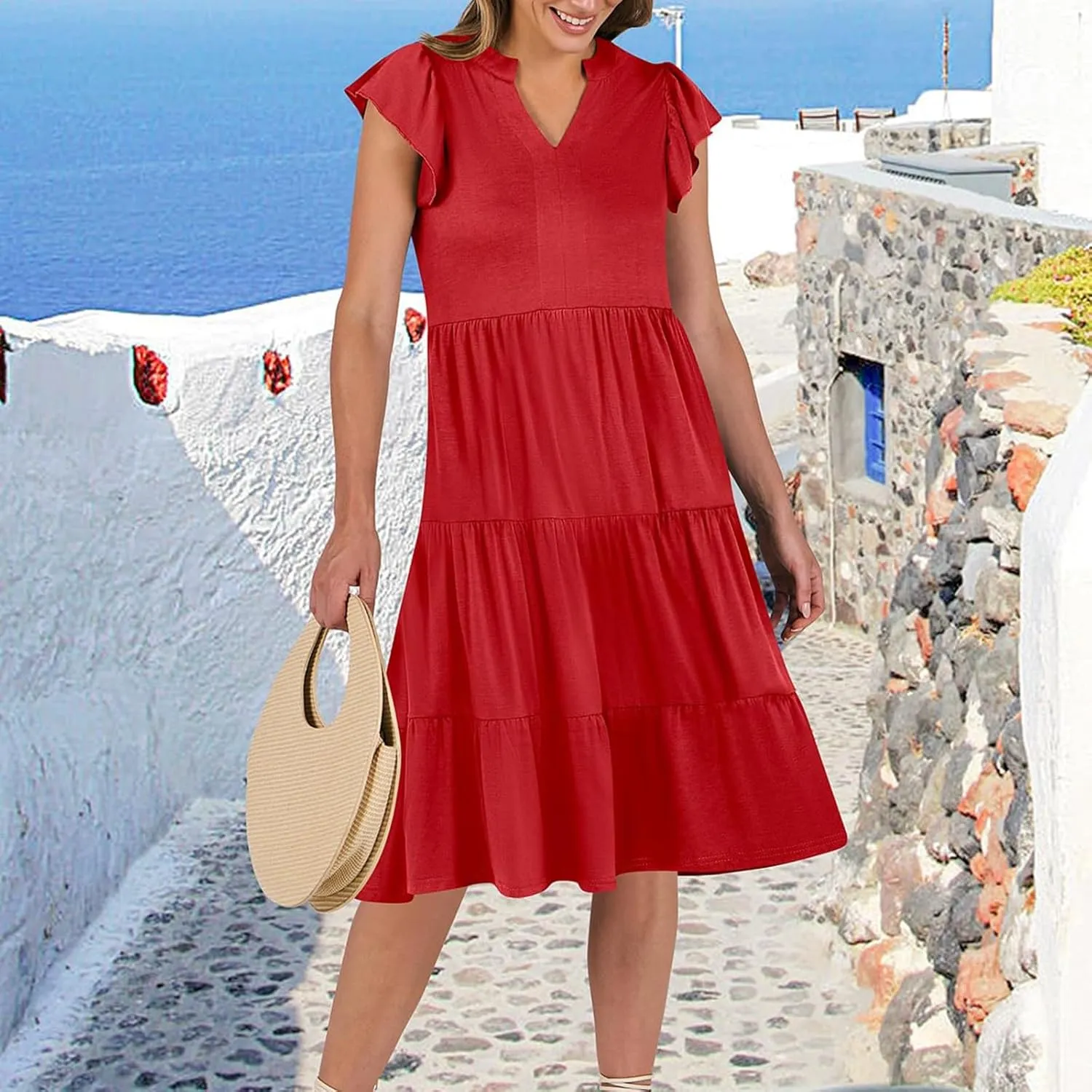 Sundresses for Women 2025 Summer Ruffle Sleeve V Neck Midi Dresses Casual Loose Fit Flowy Tiered Boho Beach Dress
