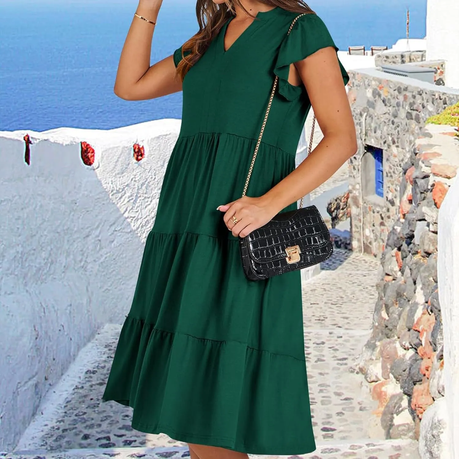 Sundresses for Women 2025 Summer Ruffle Sleeve V Neck Midi Dresses Casual Loose Fit Flowy Tiered Boho Beach Dress